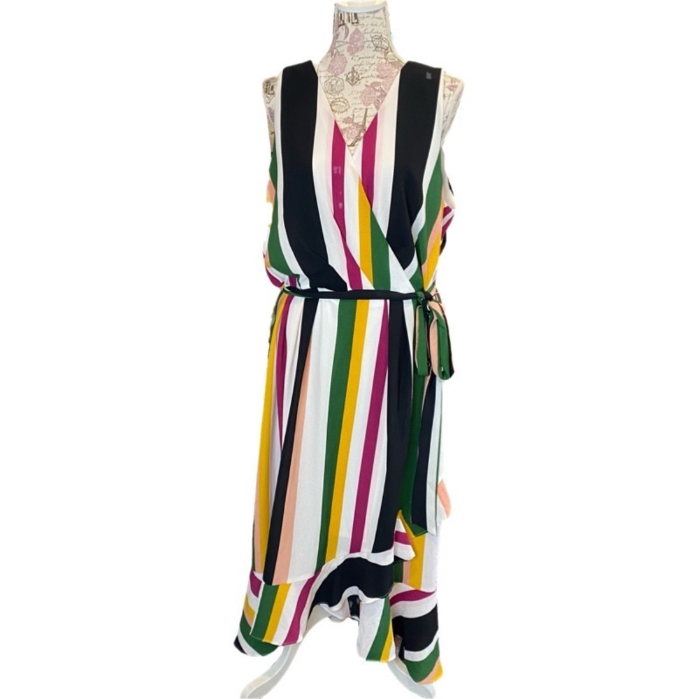 NWT Lane Bryant Stripe Ruffle Multicolored Sleeveless Faux Wrap Maxi Dress Sz 18